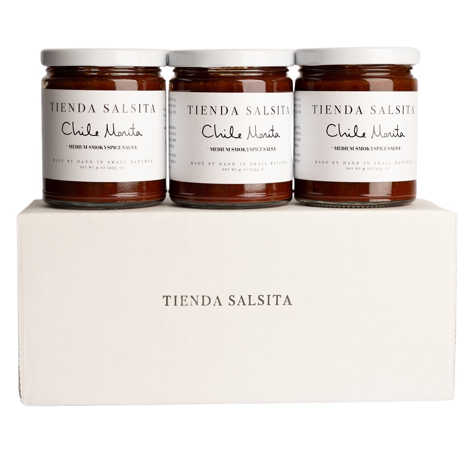 Three jars of Chile Morita from Tienda Salsita on a white background