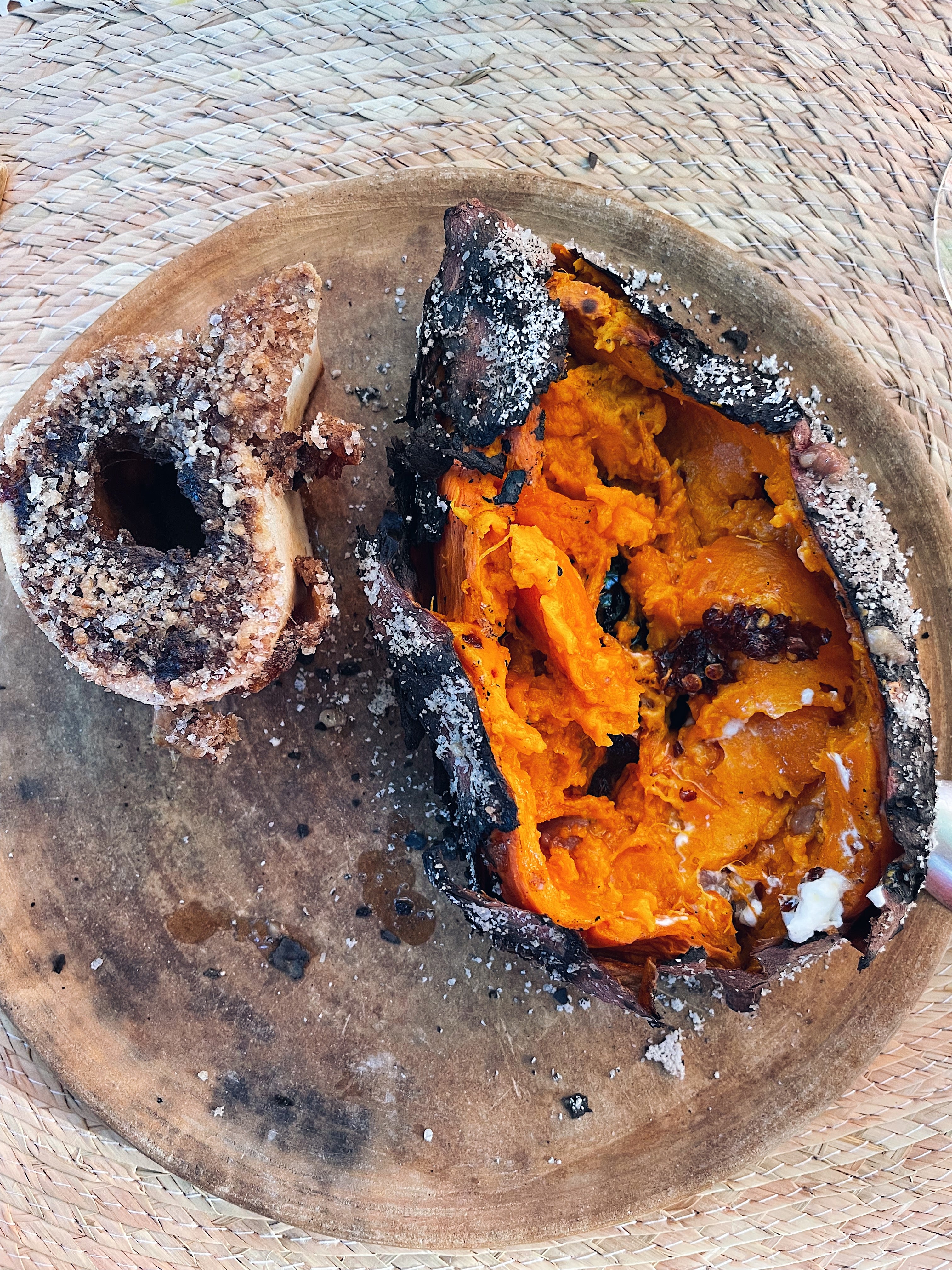 Charred Sweet Potatoes with Roasted Bone Marrow and Salsita