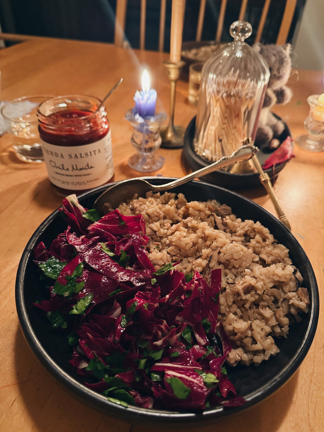 Autumn Mushroom Risotto with Salsa Chile Morita