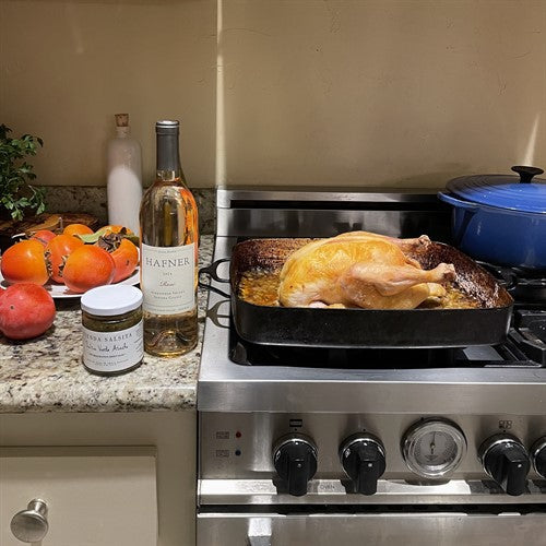 Roasted Chicken with Anchovy Butter, Wine Pan Sauce & Leeks