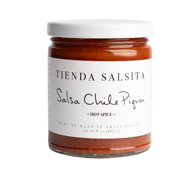 Jar of Tienda Salsita Salsa Chile Piquin on a white background