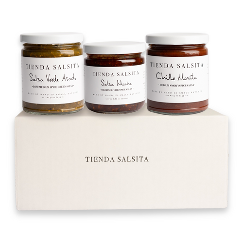 Three jars of Tienda Salsita salsa on a white block with 'Tienda Salsita' branding.