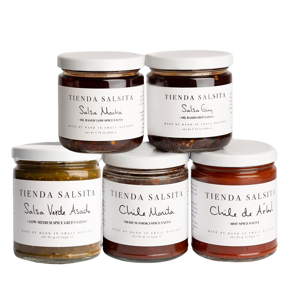 Five jars of Tienda Salsita salsa with labels on a white background