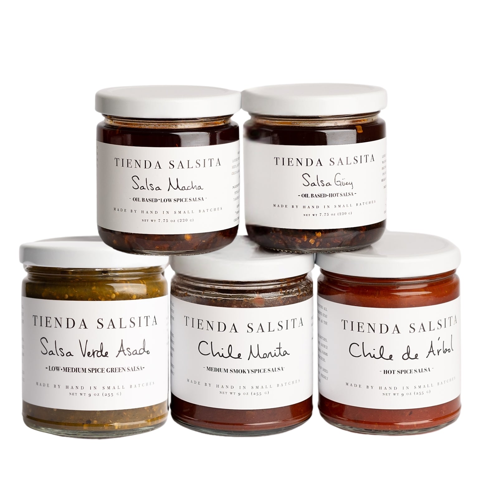 Five jars of Tienda Salsita salsa with labels on a white background
