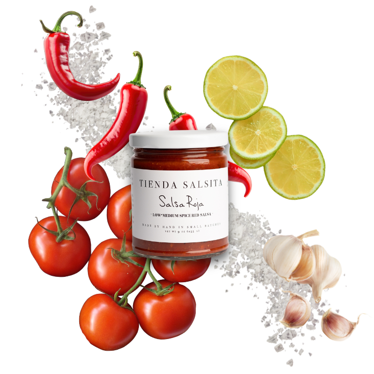 Jar of 'Tienda Salsita Salsa Roja' surrounded by tomatoes, peppers, limes, and garlic on a white background