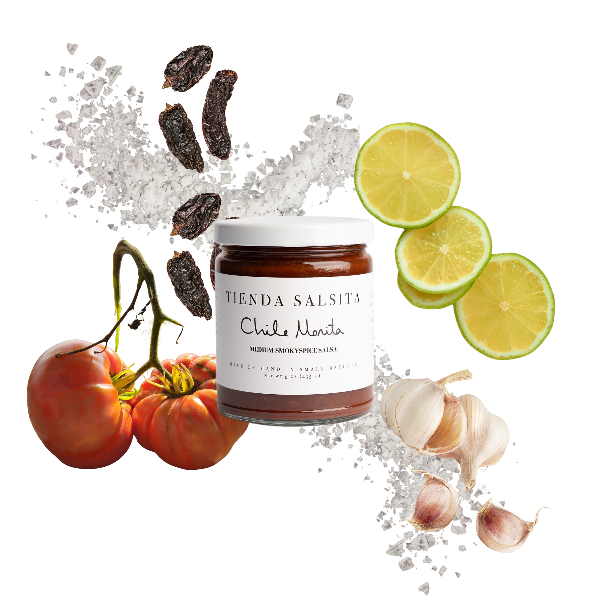 Salsa chile morita with ingredients listed behind and chiles 