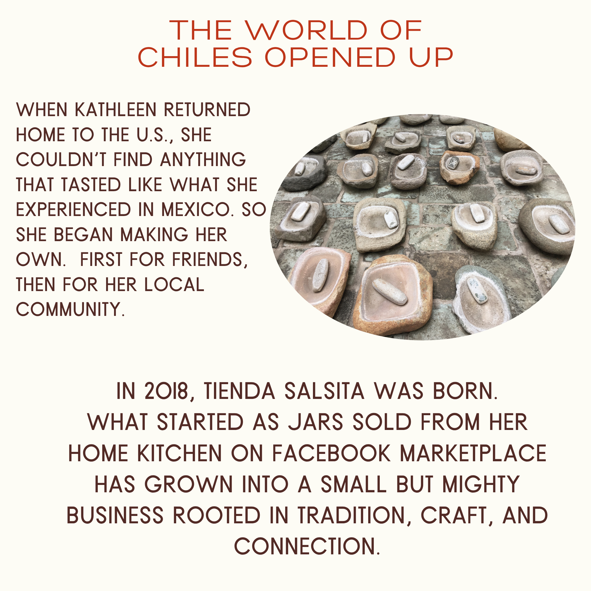 Text about a business called Tienda Salsita and a close-up of chile products.