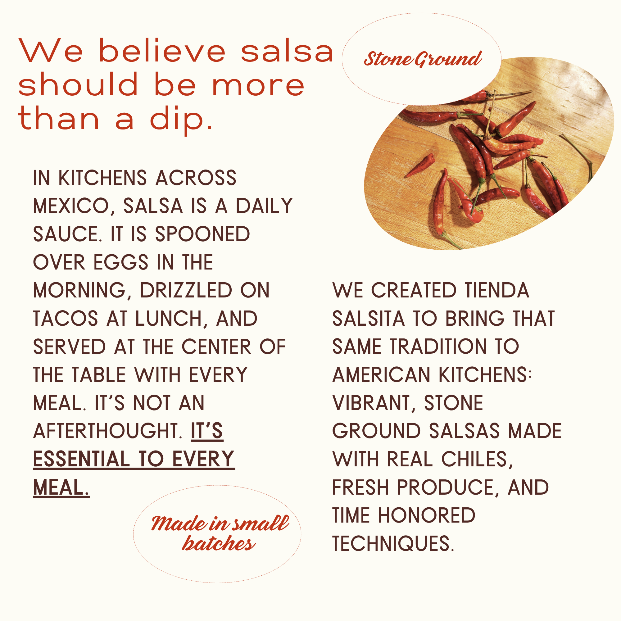 Advertisement for Stone Ground Salsita with text and image of chilies on a cutting board.