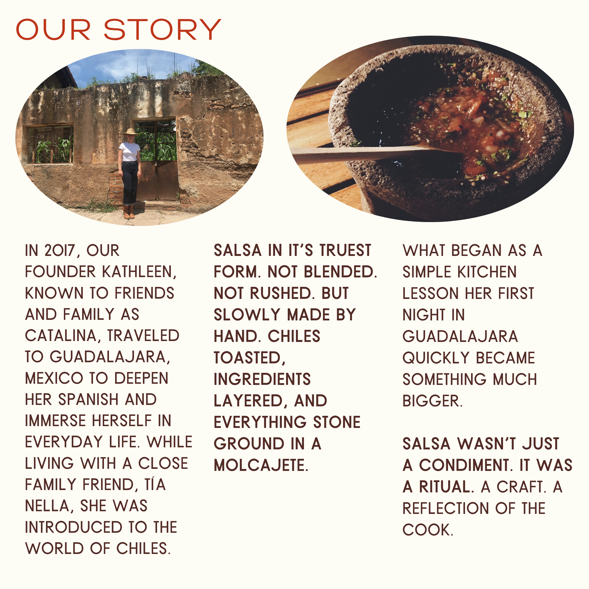 Storytelling graphic about the creation of salsa with text and images of a person in a village and a bowl of salsa.