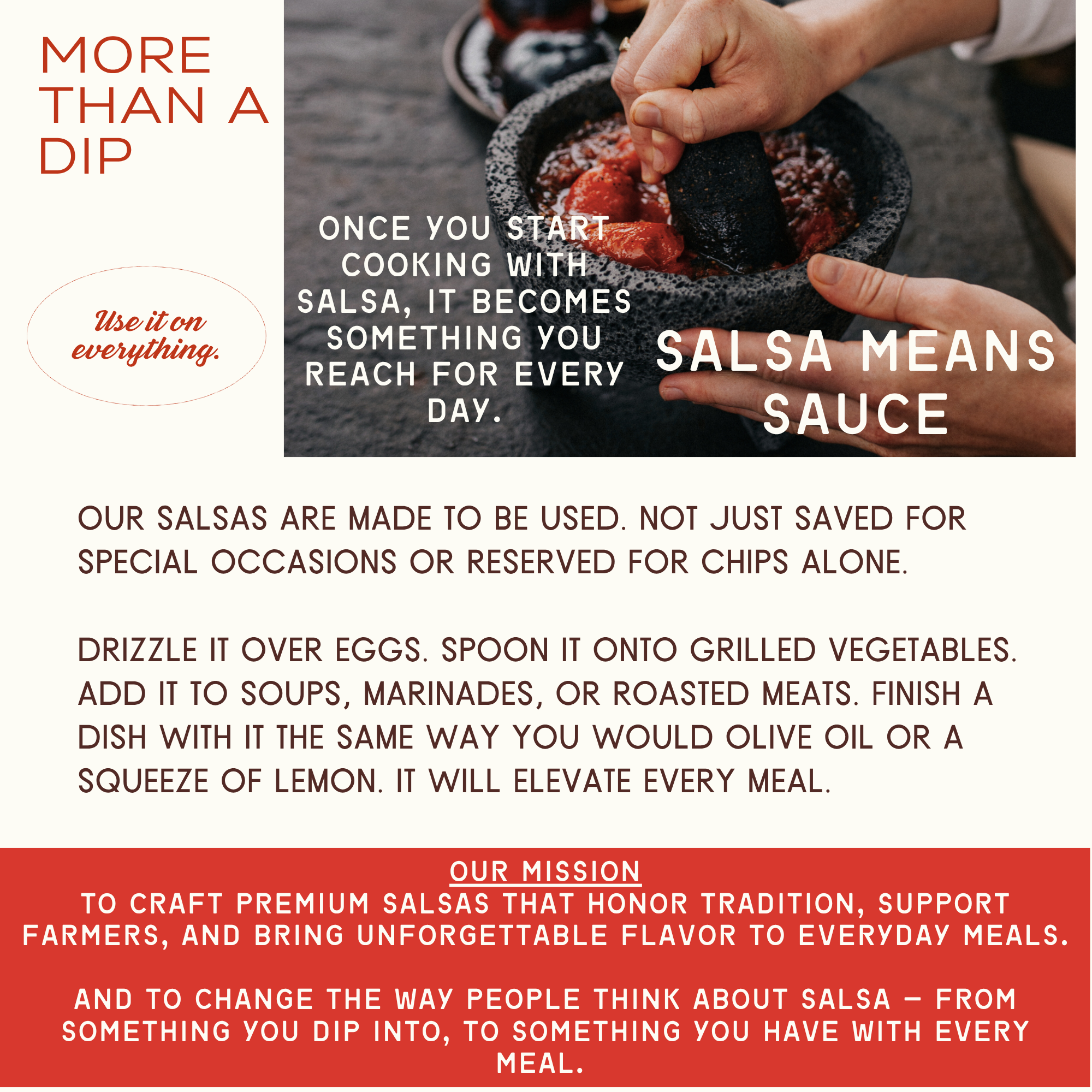 Person using a mortar and pestle with text about salsa and its uses.