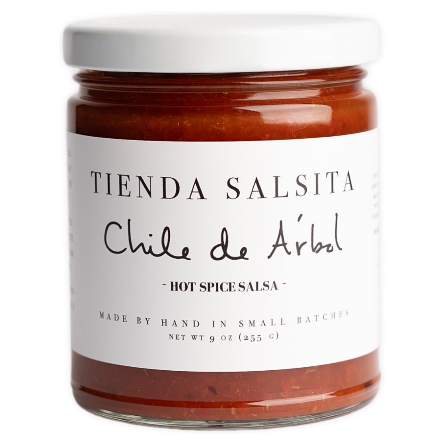 Jar of Tienda Salsita Chile de Arbol hot spice salsa on a white background